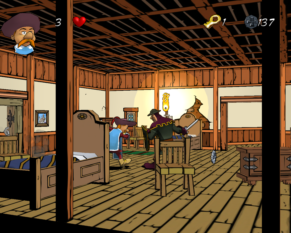 Legendo's The Three Musketeers (Windows) screenshot: Fighting a soldier in the living quarters.