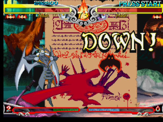 Darkstalkers 3 (PlayStation) screenshot: After several minutes fighting, P1 Jedah hit-finishes P2 Jedah with his EX Move Prova = Del = Servo.