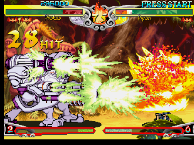 Darkstalkers 3 (PlayStation) screenshot: Phobos (Huitzil) takes advantage of Pyron's open guard and performs his EX Attack Final Guardian B.