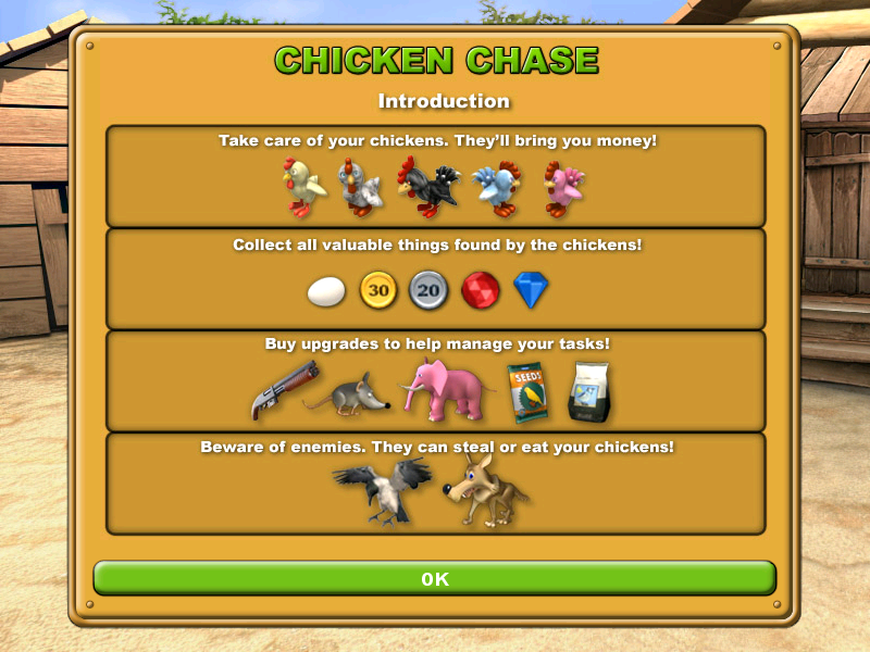 Chicken Chase (Windows) screenshot: Game icons and what they mean.