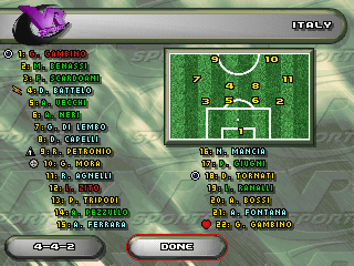 VR Soccer '96 (PlayStation) screenshot: Italy squad featuring two "G. Gambino"