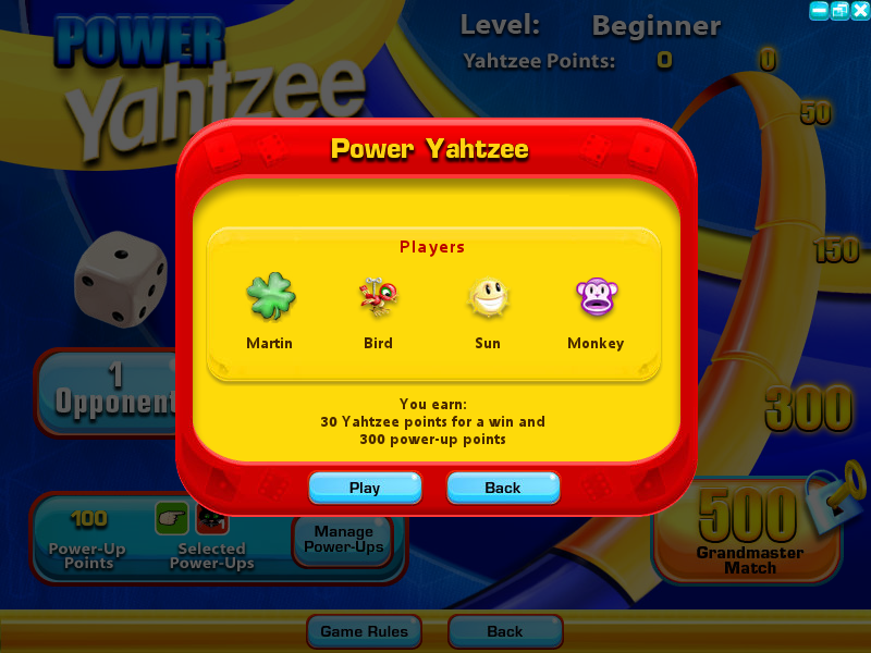 Yahtzee (Windows) screenshot: Starting a game of Power Yahtzee.