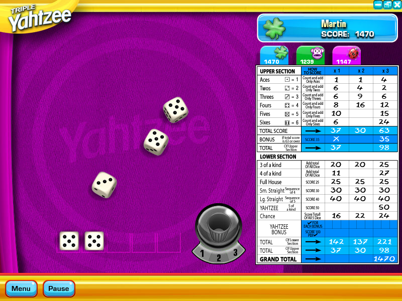 Yahtzee (Windows) screenshot: All those fives mean that I should get the x2 Upper Section bonus.