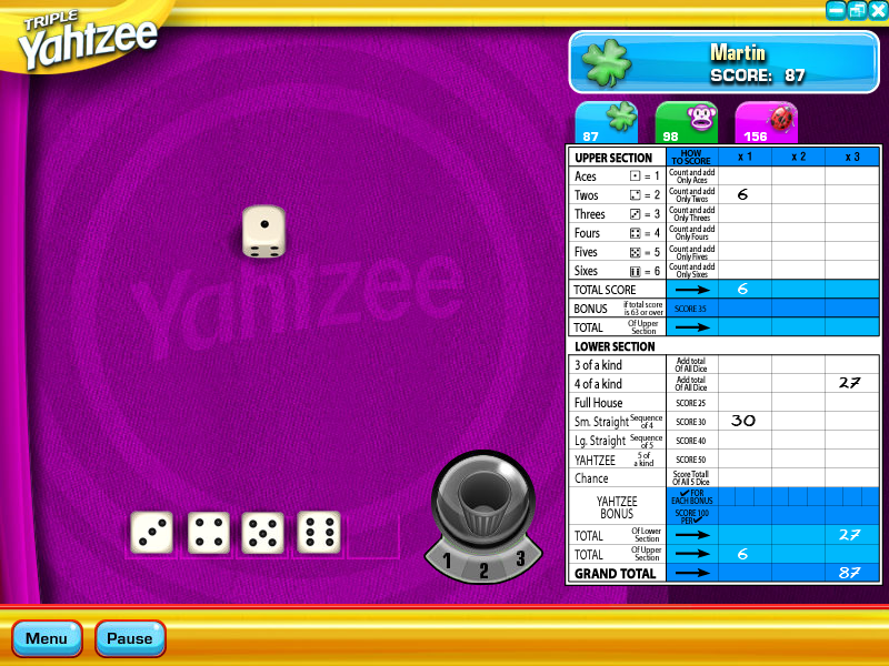 Yahtzee (Windows) screenshot: My final roll doesn't produce the Large Straight I hoped for.