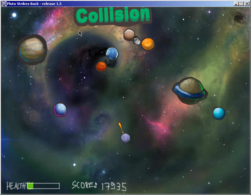 Pluto Strikes Back (Windows) screenshot: That should say "Planetary Collision" -- you also get a bonus for hitting a planet SO HARD it hits another planet, in turn. Sending planets spiraling into the Sun hasn't yet been implemented 8)