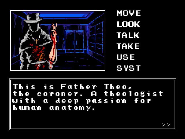 Fedora Spade: The Red Ring (Windows) screenshot: Meet Father Theo, the local butcher... coroner.
