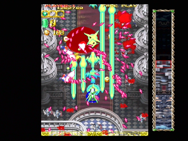 Espgaluda (PlayStation 2) screenshot: Some industrial strength lasers help get through this stage...