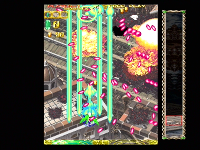 Espgaluda (PlayStation 2) screenshot: Blowing some stuff up