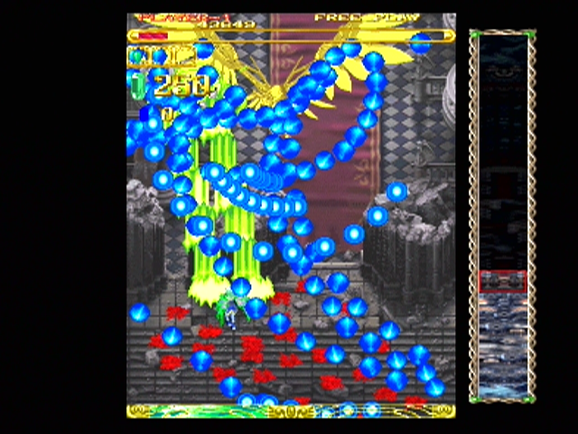 Espgaluda (PlayStation 2) screenshot: The map on the right indicates where you are in the stage