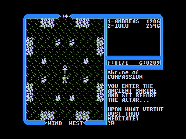Ultima IV: Quest of the Avatar (Apple II) screenshot: Meditating at the Shrine of Compassion