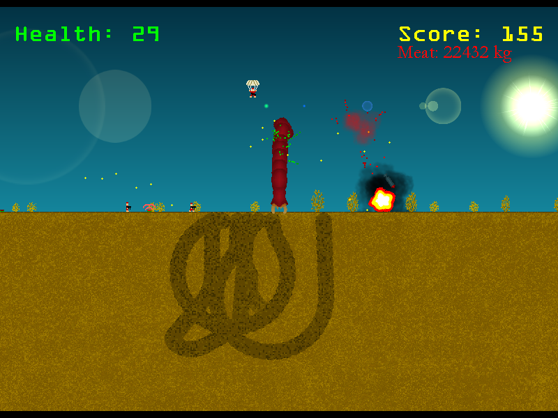 Death Worm (Windows) screenshot: Airplane taken down, its pilot is left to parachute to the ground... and wait to be eaten!