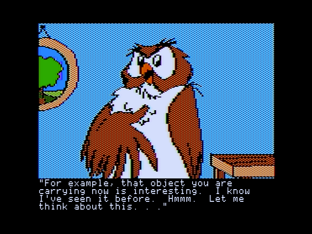 Winnie the Pooh in the Hundred Acre Wood (Apple II) screenshot: Owl gives hints to solve the game