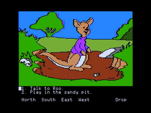 Winnie the Pooh in the Hundred Acre Wood (Apple II) screenshot: Roo playing in the sandy pit