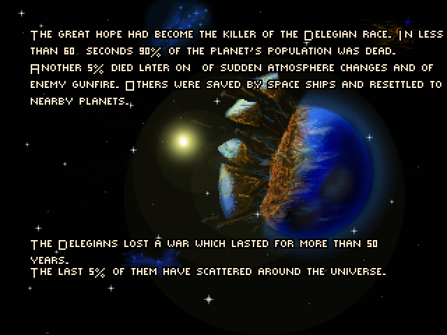 The Infinity String (Windows) screenshot: The Delegian planet is largely destroyed (introduction sequence)