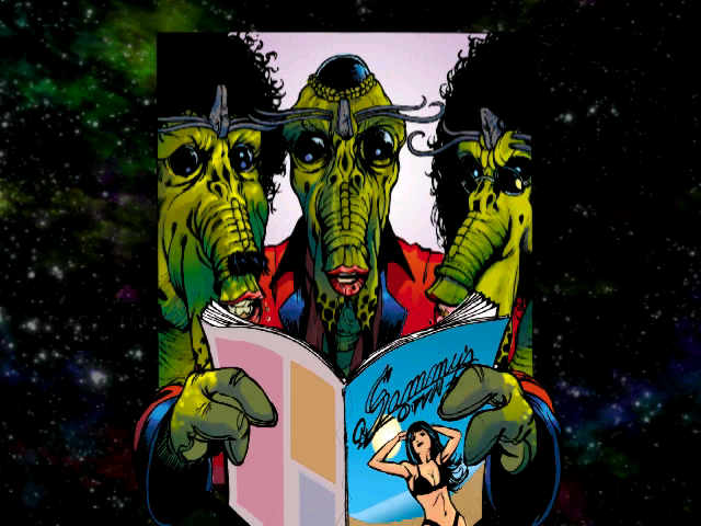 Panty Raider: From Here to Immaturity (Windows) screenshot: Comic-book intro: the three alien dudes get hot and bothered by underwear catalogues.