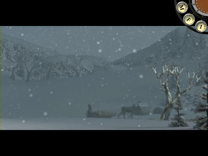 AGON: Episode 2 - Adventures in Lapland (Windows) screenshot: Travelling by sled across a wintry landscape.
