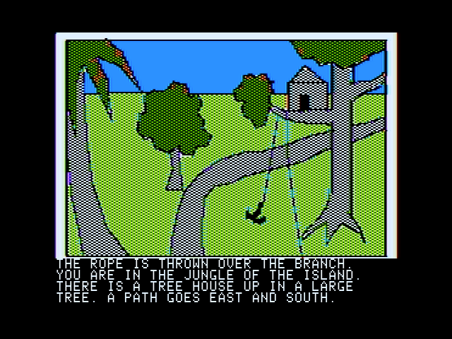 Hi-Res Adventure #2: The Wizard and the Princess (Apple II) screenshot: Attempting to climb to a tree house.