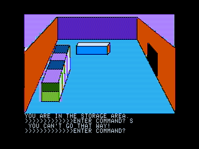 The Demon's Forge (Apple II) screenshot: Storage area; oops, can't go south from here!