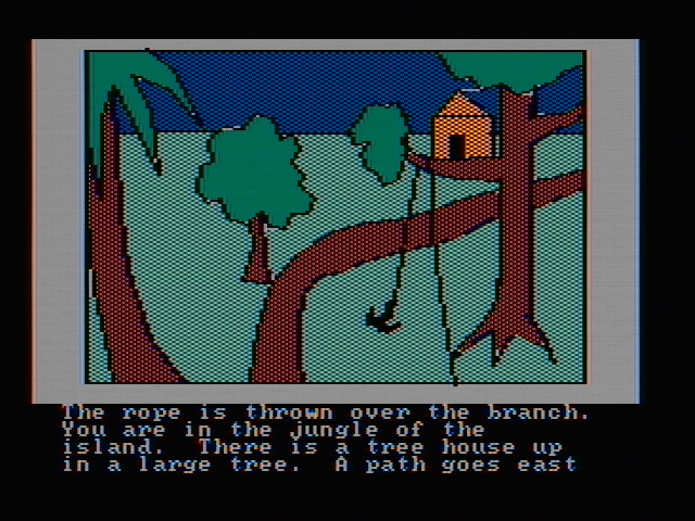 Hi-Res Adventure #2: The Wizard and the Princess (PC Booter) screenshot: Climbing up to a tree house (CGA with composite monitor)