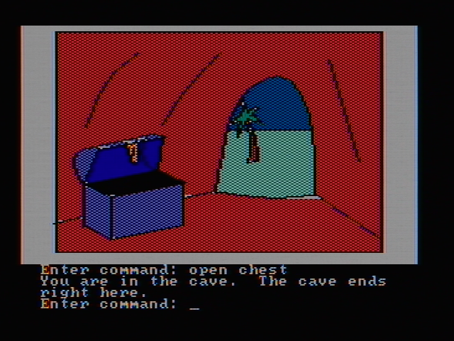 Hi-Res Adventure #2: The Wizard and the Princess (PC Booter) screenshot: Found treasure in a cave (CGA with composite monitor)