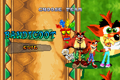 Crash Nitro Kart (Game Boy Advance) screenshot: In Adventure mode, you can opt between two teams: BANDICOOT (good guys) and EVIL (bad guys).