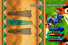 Crash Nitro Kart (Game Boy Advance) screenshot: Each team has three different pilots, all with proper characteristics.