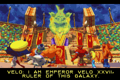 Crash Nitro Kart (Game Boy Advance) screenshot: Introduction frame  The Emperor Velo XXVII meets the racers and explain its main purposes for them.