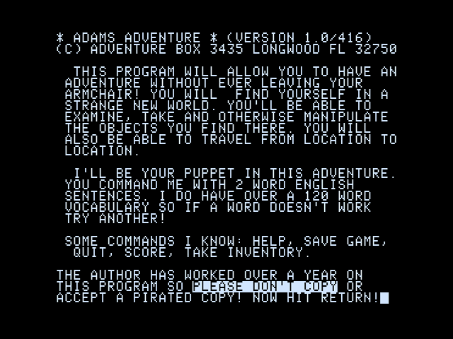 Adventureland (Apple II) screenshot: Splash screen; Remember, don't copy that floppy!