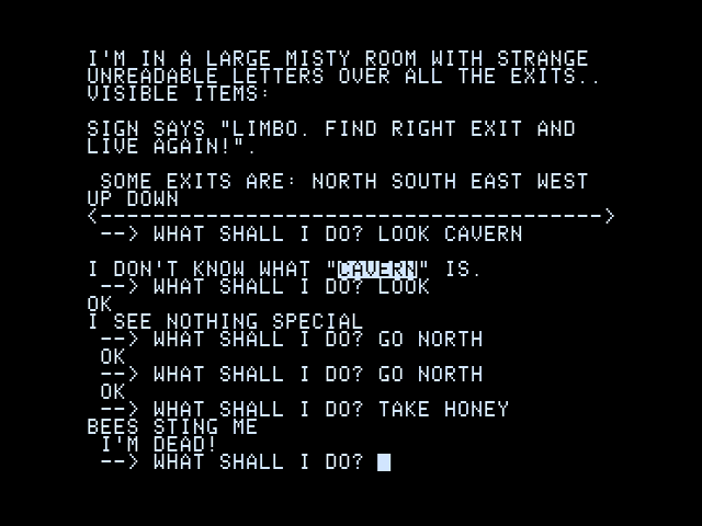 Adventureland (Apple II) screenshot: I'm dead... or can I get out of this one?