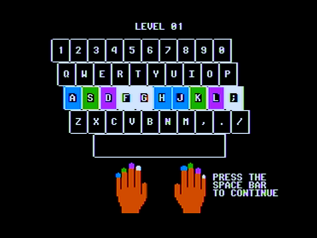 Wizard of Id's WizType (Apple II) screenshot: Level 01 only utilizes the highlighted keys