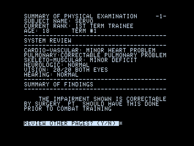 Space II (Apple II) screenshot: My physical exam