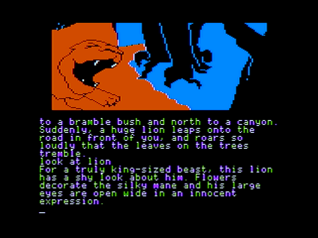 The Wizard of Oz (Apple II) screenshot: Uh oh, met a lion in the woods!