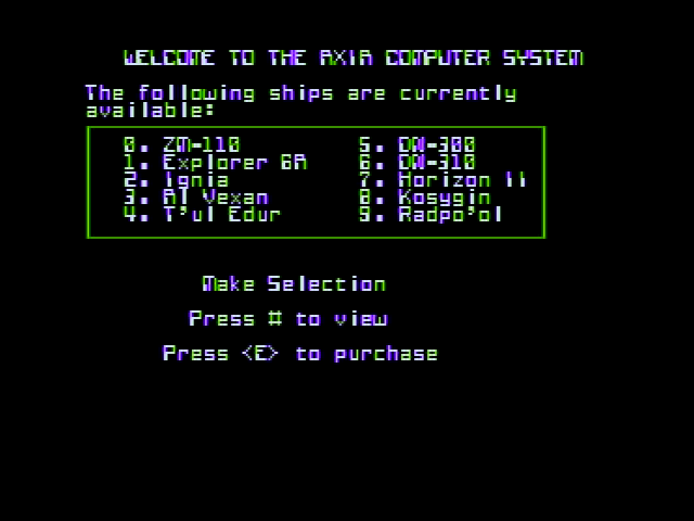 Universe (Apple II) screenshot: Ships available for purchase