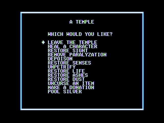 Realms of Darkness (Apple II) screenshot: Temples provide some useful options