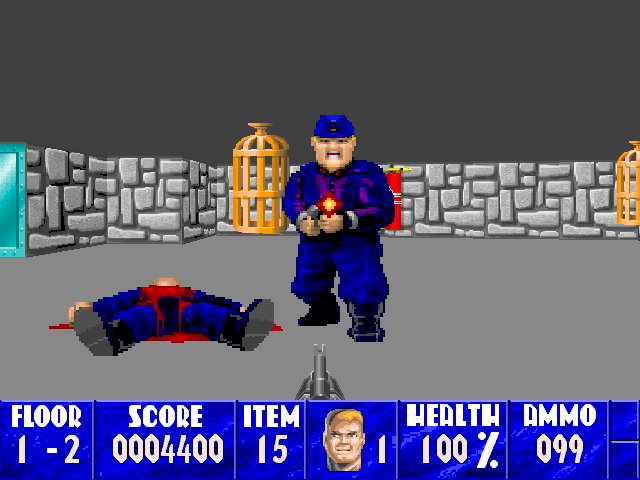 Wolfenstein 3D (Macintosh) screenshot: Blue uniformed SS Soldier