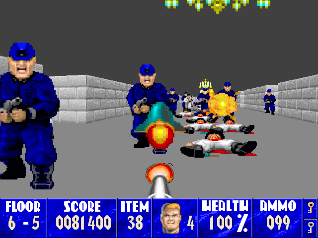 Wolfenstein 3D (Macintosh) screenshot: Rockets that 'rail' through ranks of enemies.