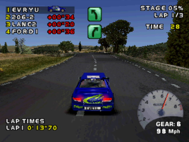 Need for Speed: V-Rally 2 (PlayStation) screenshot: Now, the Subaru Impreza is about to face some curves!