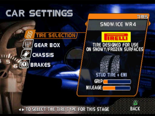 Need for Speed: V-Rally 2 (PlayStation) screenshot: Car setup screen