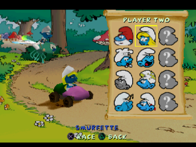 Smurf Racer (PlayStation) screenshot: Character selection.