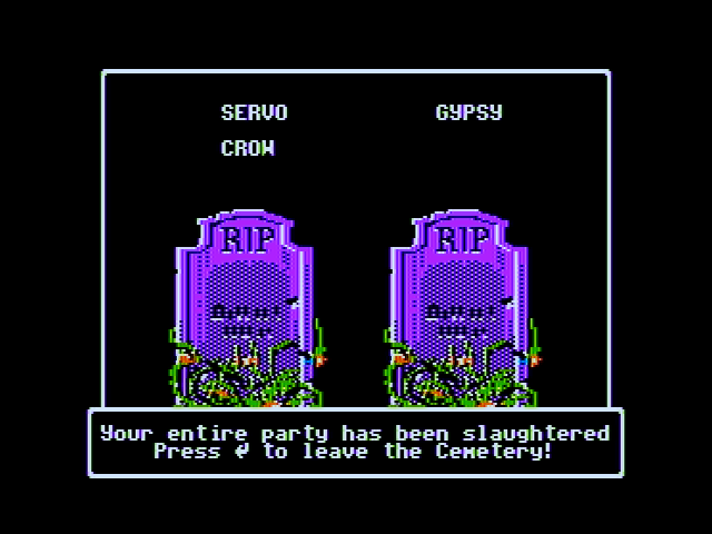 Wizardry V: Heart of the Maelstrom (Apple II) screenshot: All my characters died, game over