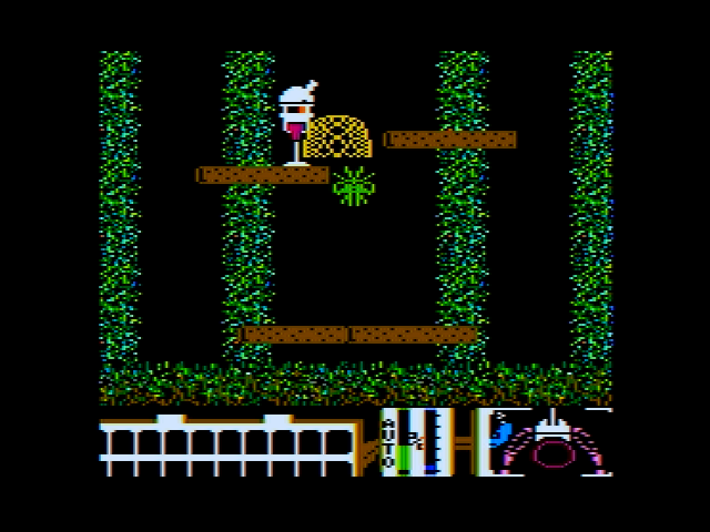 Spiderbot (Apple II) screenshot: Firing a net at a creature