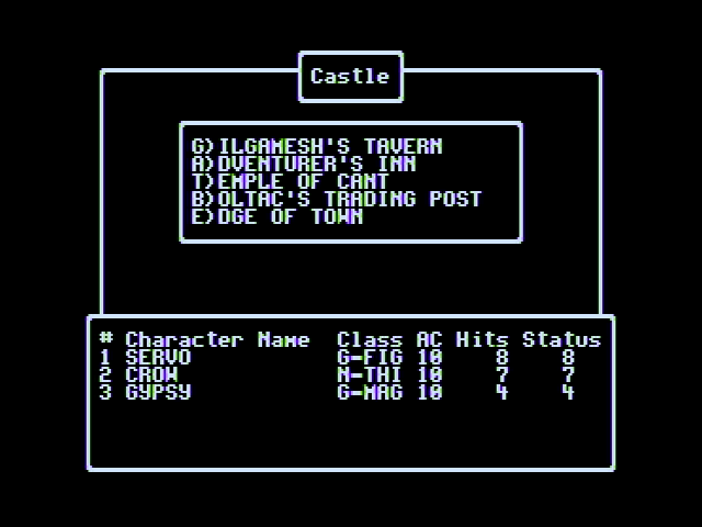 Wizardry V: Heart of the Maelstrom (Apple II) screenshot: Game menu while at the castle