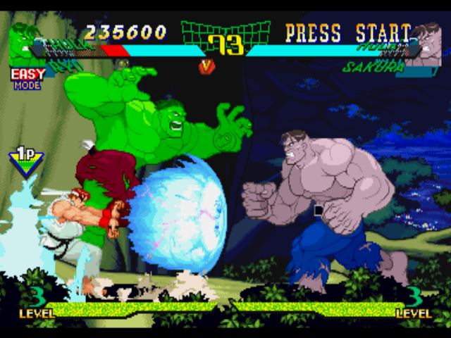 Marvel Super Heroes vs. Street Fighter (PlayStation) screenshot: Helped by Ryu's Hadouken, P1 Hulk dashes the sufficient to start his next counterattack in P2 Hulk!
