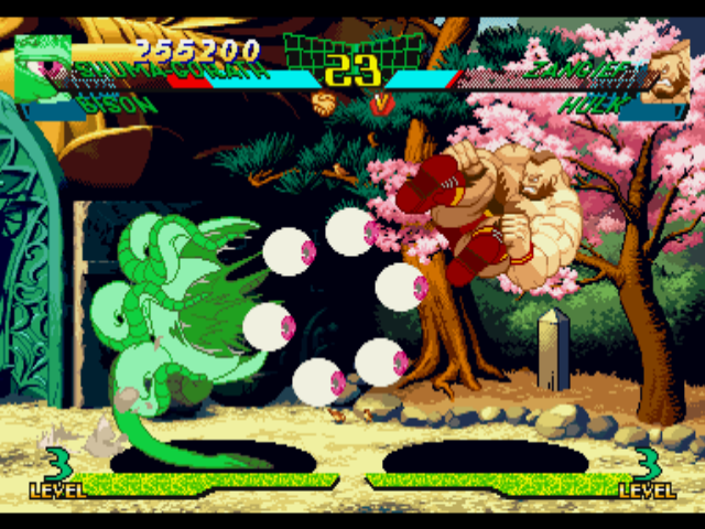 Marvel Super Heroes vs. Street Fighter (PlayStation) screenshot: Shuma-Gorath executes his projectile-based move Mystic Share during Zangief's kickin' counterattack.