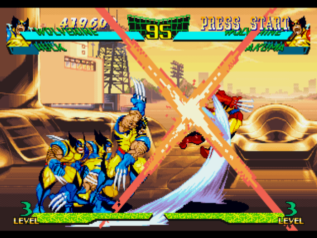 Marvel Super Heroes vs. Street Fighter (PlayStation) screenshot: P1 Wolverine (powered-up by his Berserker Charge) using his claw-based Strong Punch in P2 Wolverine.