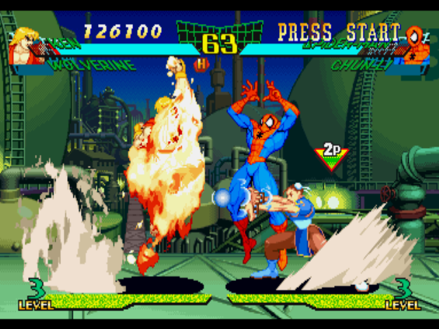 Marvel Super Heroes vs. Street Fighter (PlayStation) screenshot: Spider-Man starts to perform a long jump, but Ken Masters' Shoryuken is about to finish this action!