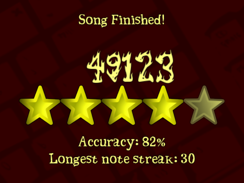 Frets on Fire (Windows) screenshot: Some feedback on my face-melting solos after the song