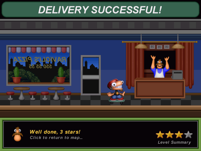 Pizza Panic (Windows) screenshot: Mr. Ravioli rates your performance. Looks like I got hit!