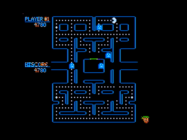 Pac-Man (Apple II) screenshot: You can eat the ghosts when they are blue.
