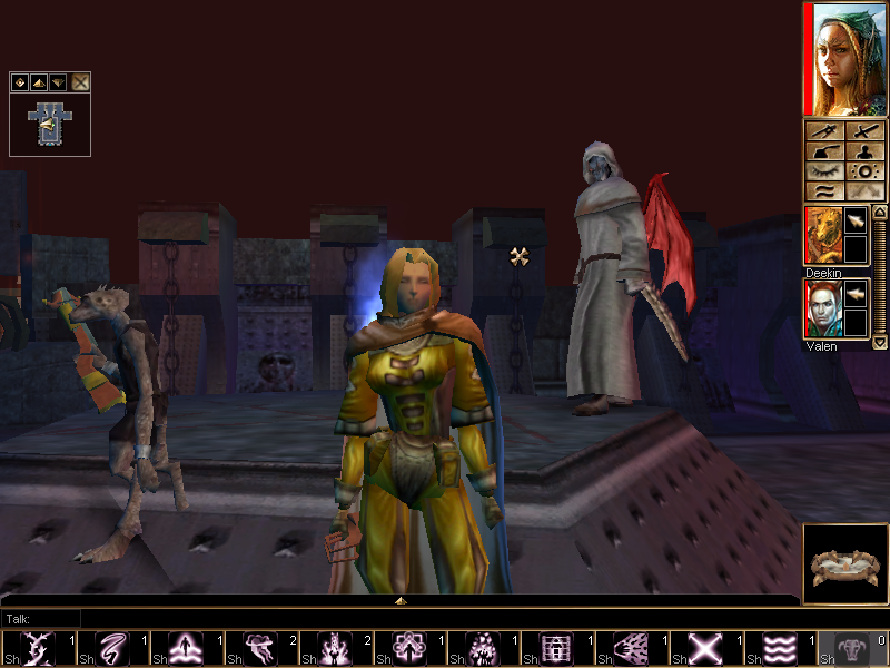 Neverwinter Nights: Hordes of the Underdark (Windows) screenshot: My female character in all her glory. To her left is my companion Deekin (kobold). On the right is the "Reaper".
